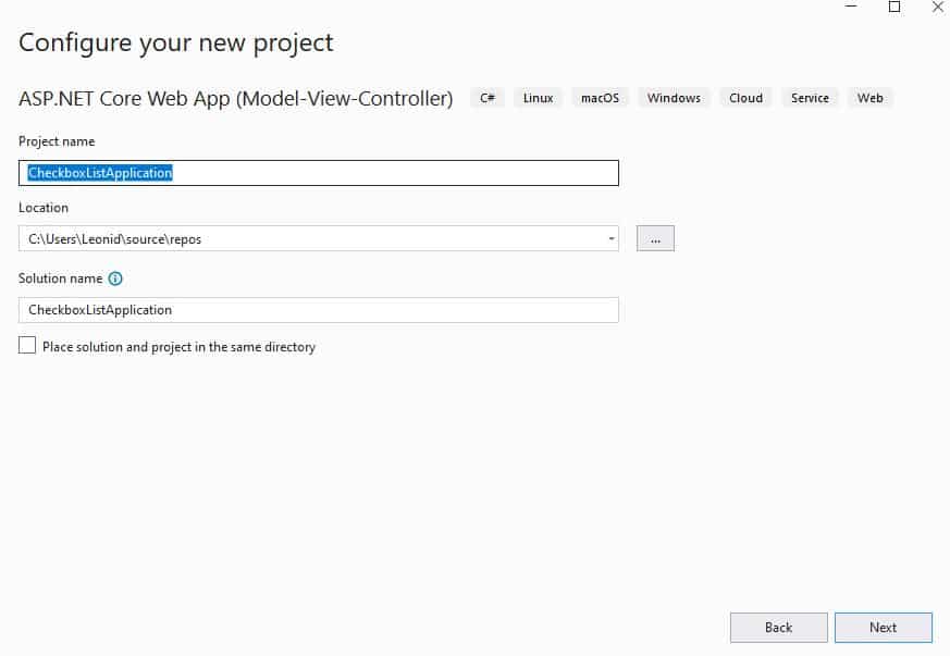 создание проекта asp.net core checkbox